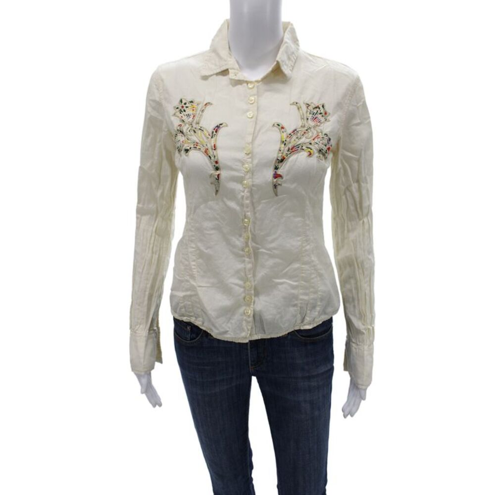Masons Women Button-Up Floral Collared Long Sleeve Beige 100% Cotone Size 44